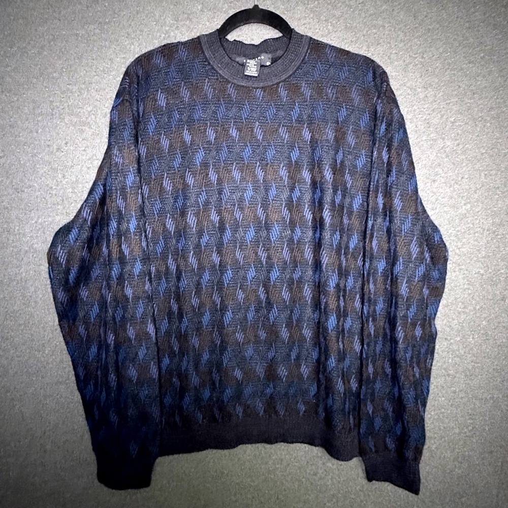 Toscano Mens Wool Blend Sweater Medium Blue Brown Geometric Knit Made in Italy